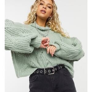 FREE PEOPLE Seasons Change Boxy Sweater Bubble Sleeves in Sage Green Size S